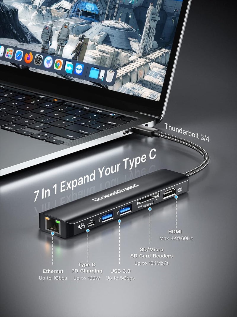DockteckExpand USB C Hub Multiport Adapter, USB C Dongle 7 in 1 with 4K 60Hz HDMI Port, 1Gbps Ethernet, 100W PD, 2 USB 3.0 Ports, SD/TF Card Reader for MacBook iPad HP Dell XPS and More - Image 2